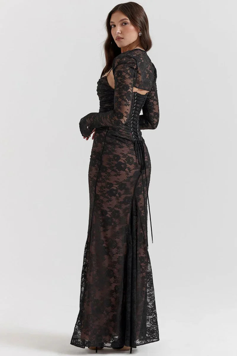 LYOR Shoulder-On Floral Lace Maxi Dress
