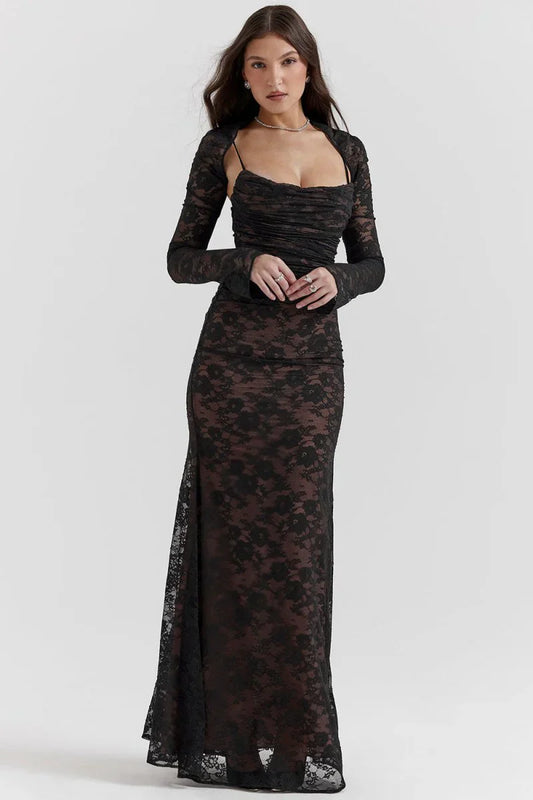 LYOR Shoulder-On Floral Lace Maxi Dress