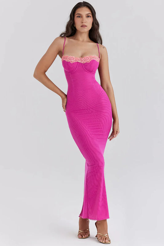 LYOR Contrast Lace Slit Maxi Dress