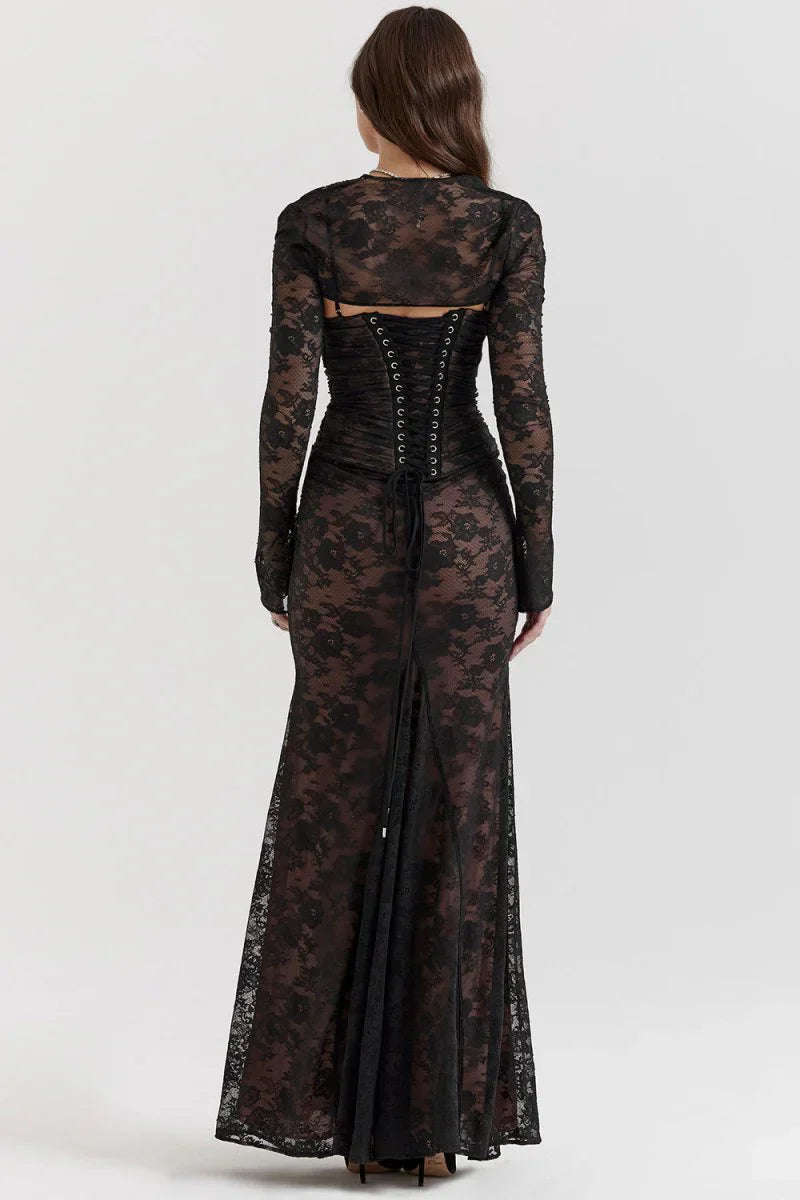 LYOR Shoulder-On Floral Lace Maxi Dress