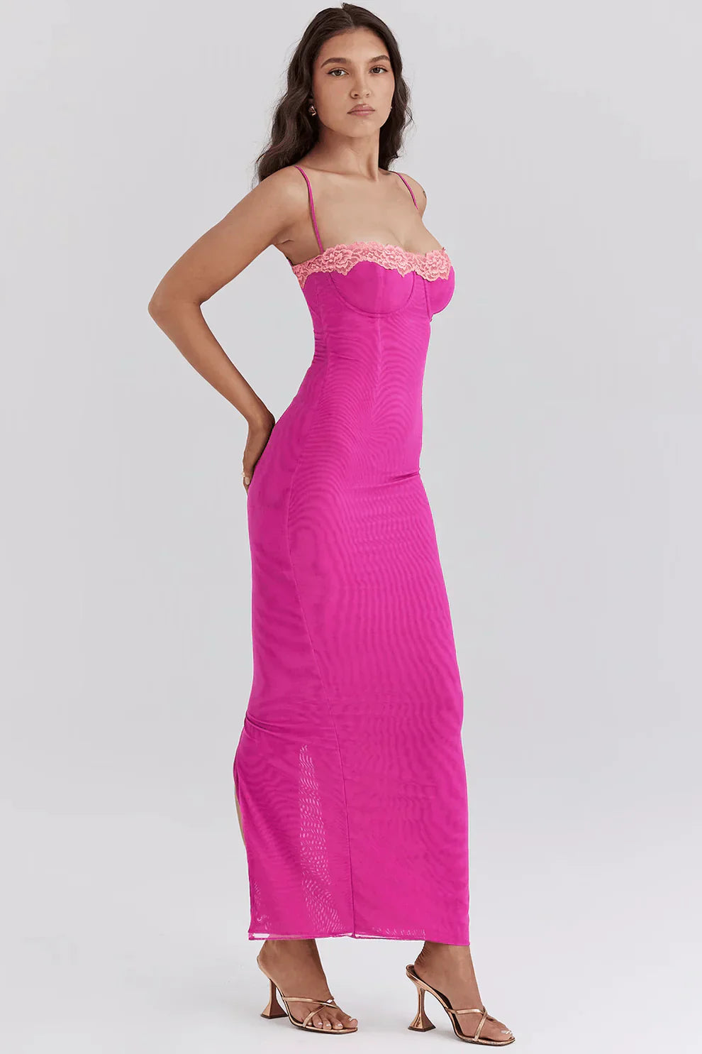 LYOR Contrast Lace Slit Maxi Dress