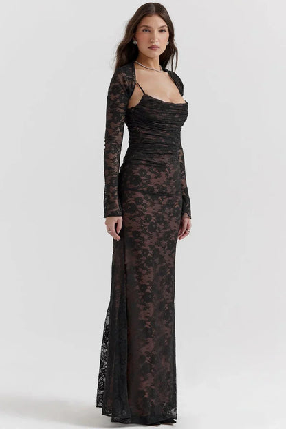 LYOR Shoulder-On Floral Lace Maxi Dress