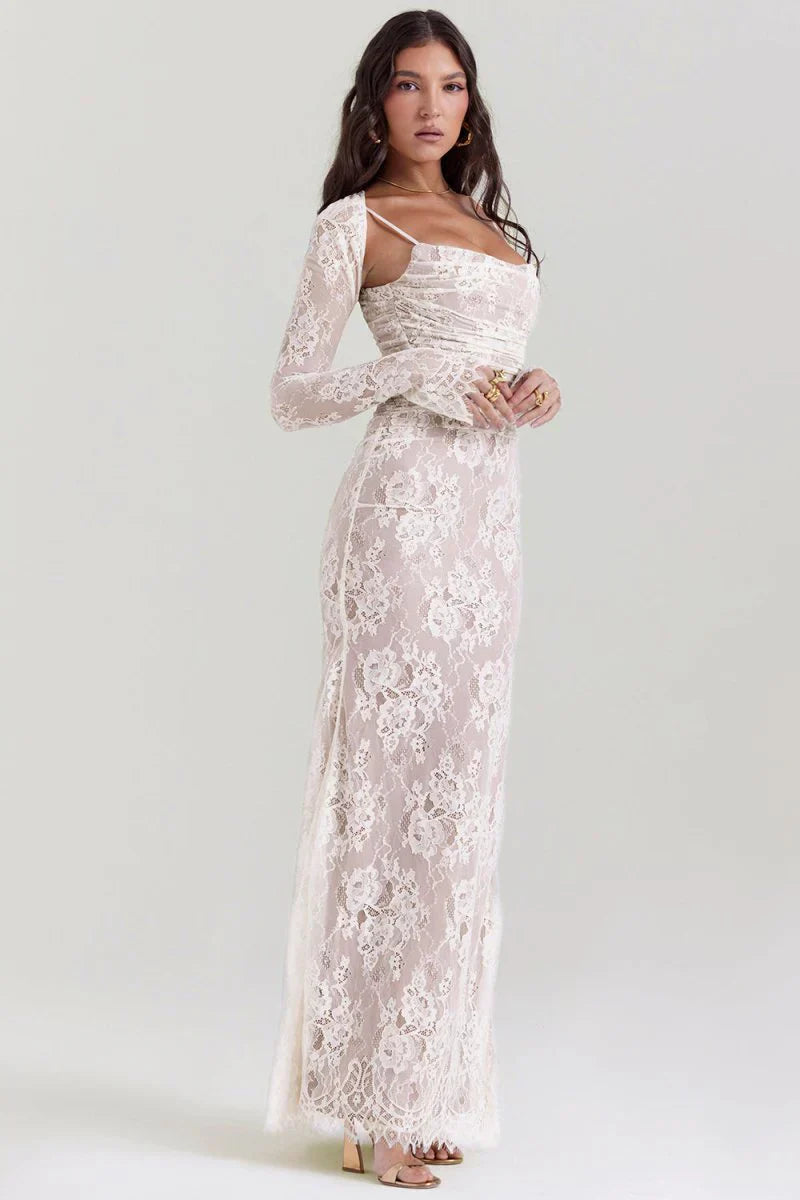 LYOR Shoulder-On Floral Lace Maxi Dress