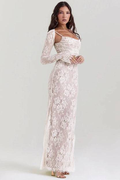 LYOR Shoulder-On Floral Lace Maxi Dress