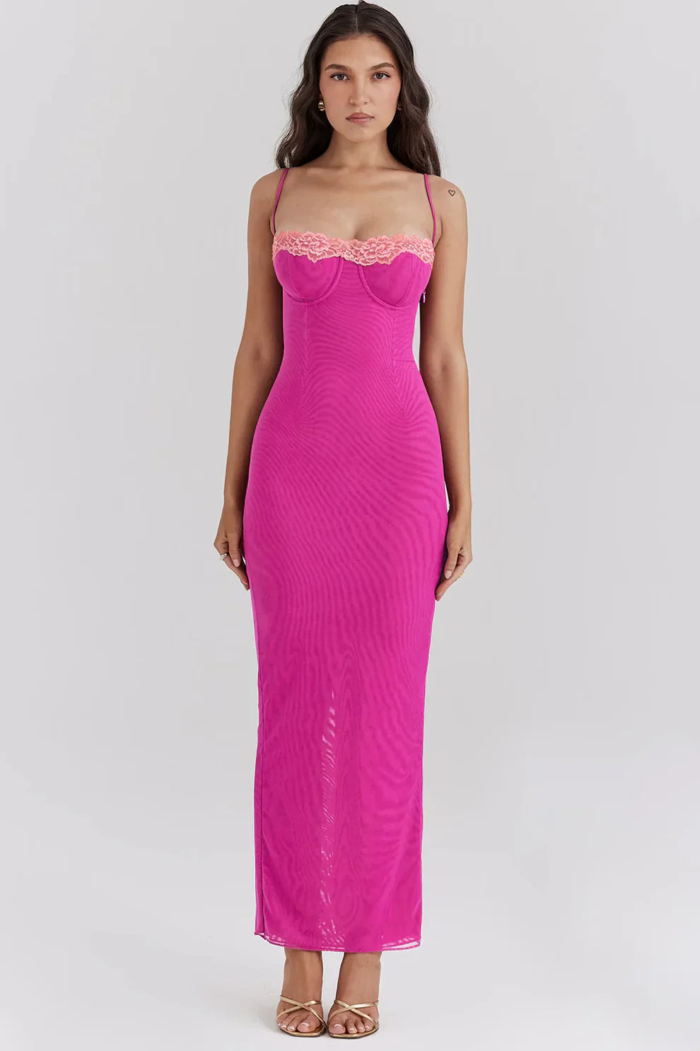 LYOR Contrast Lace Slit Maxi Dress